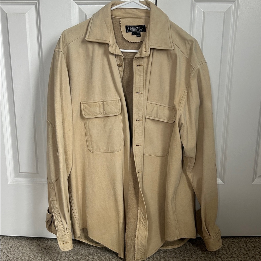 Men's Cream Leather Shirt Jacket with Chest Pockets